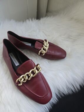 Women's Burgundy Leather Loafers with Gold Chain Accent
